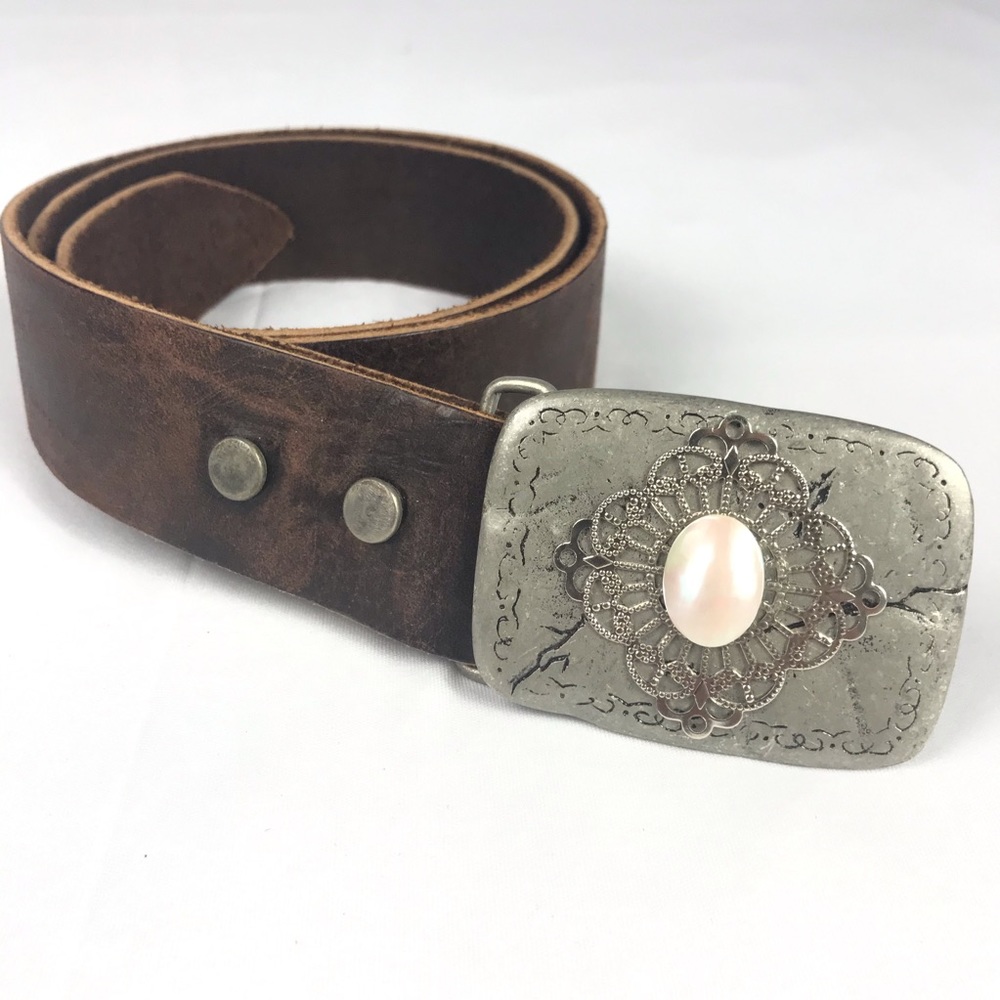 FUNKIE JUNK Brown Leather Belt Silver Opalescent A